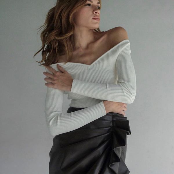 

fashion slash neck tees autumn long sleeve skinny womens knits, White