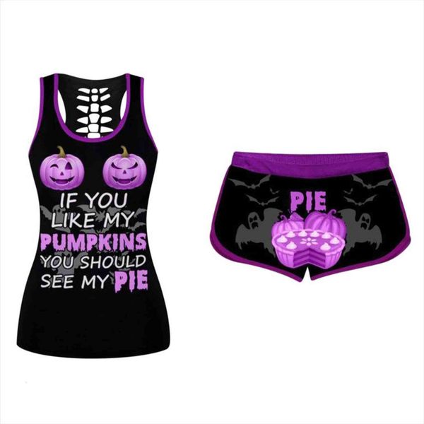 

halloween set two piece womens tracksuits if you like my pumpkins should pie print women drawstring shorts 3, Gray
