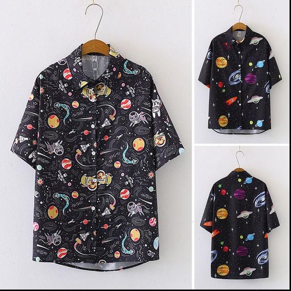 

starry night sky print fashion women shirts retro chiffon summer short sleeve loose blouses and, White