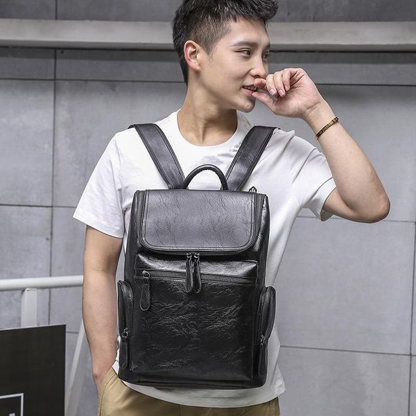 

backpack 2021 japanese casual pure color fashion student computer bag men's pu leather travel