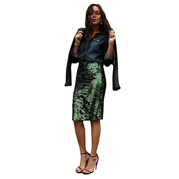 

skirts 2021 fashion women champagne sequin zipper package hip slim pencil midi skirt party wear femininas elegant, Black