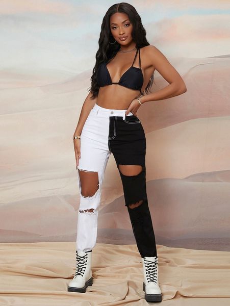 

sxy two tone ripped detail jeans 117p#, Blue
