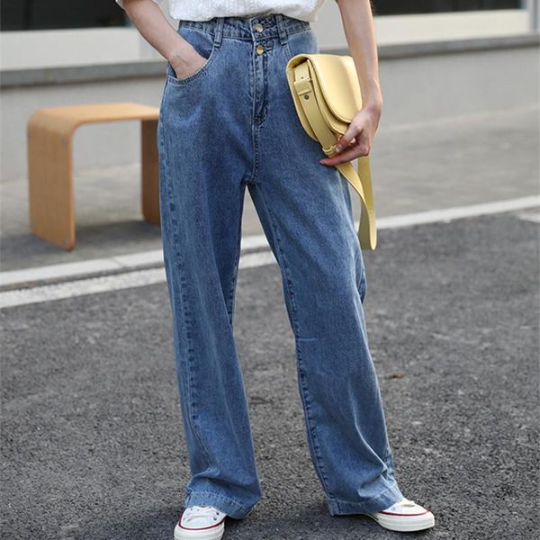 

women's jeans hzirip summer blue high-waist wide-leg ladies 2021 chic fashion loose thin solid color gentle straight-leg women