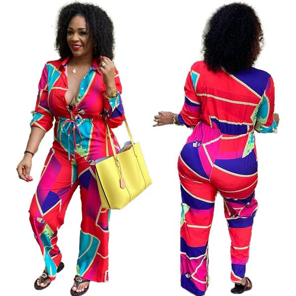 

personalized printed pants long sleeve lapel jumpsuit, Black