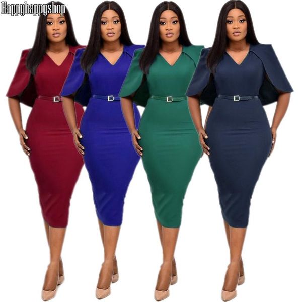 

elegant office ladies clothes african dresses for women cloak sleeve tunic high waist bodycon slim midi dress summer party gown casual, Black;gray