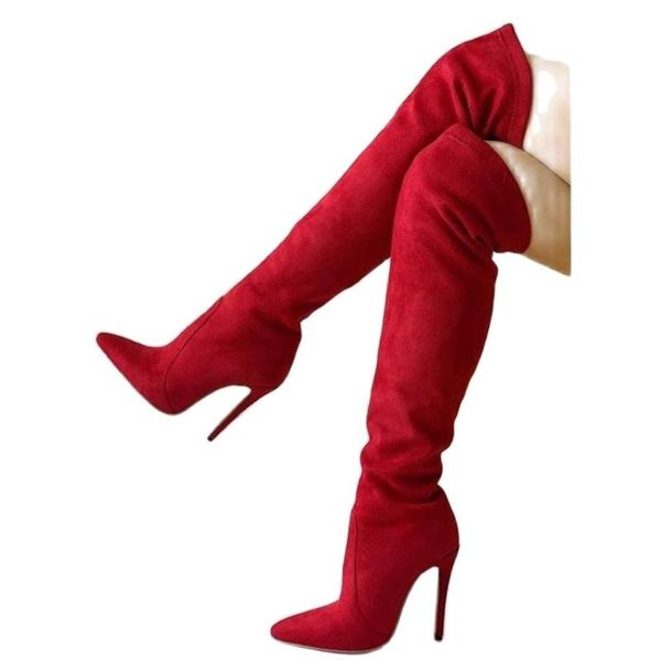 

boots red suede solid heel long pointed toe thin high heels over the knee slip on women autume winter party dress shoes, Black