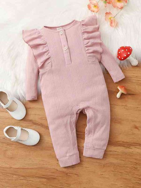 

baby ruffle trim half button jumpsuit she, Blue