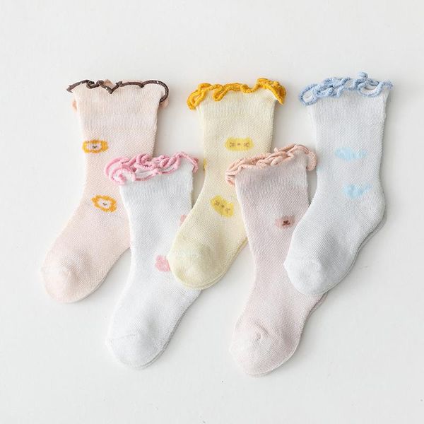

cute cartoon born baby socks summer mesh thin breathable girls boys short infant toddler ruffle 0-1y, Pink;yellow