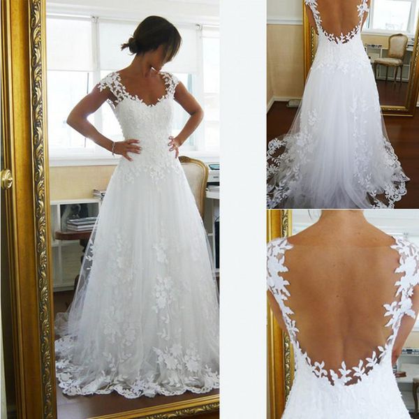 

2021 new custom made backless wedding dresses cap sleeve a-line applique sweep train scoop neckline lace wedding gowns, White