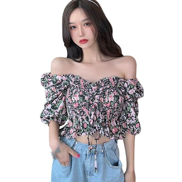 

women's blouses & shirts off shoulder women floral print vintage blouse boho sweet short sleeve chiffon shirt cropped female girl pleat, White