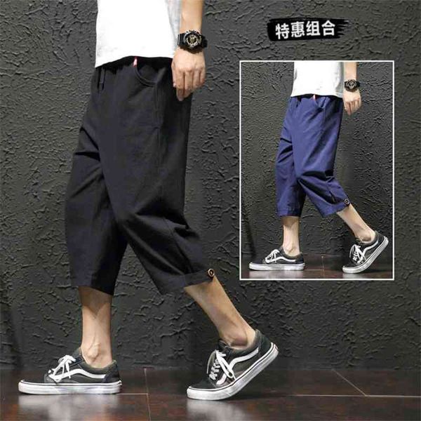 

men's pants summer chinese style trend casual thin straight cotton hemp loose capris vye4, Black