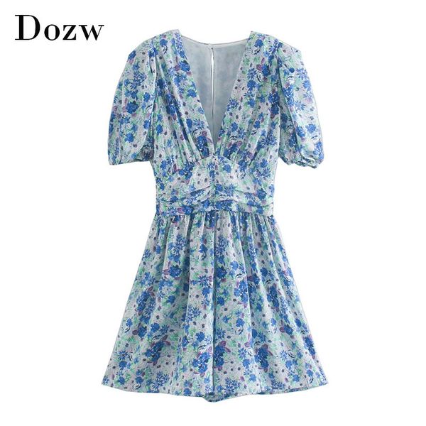 

women sweet v neck floral print bodysuit puff short sleeve pleated jumpsuit female vintage ladies rumper playsuit 210414, Black;white