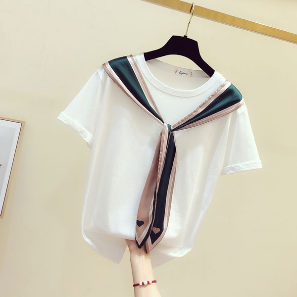 

spring summer loose cotton silk scarf patchwor strap short-sleeved o neck casual t-shirt women's 210421, White