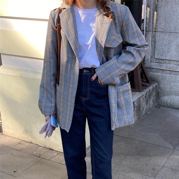 

ol notched vintage basic casual plaid blazer jacket autumn spring commuting formal women blazers loose suit coat 210421, White;black