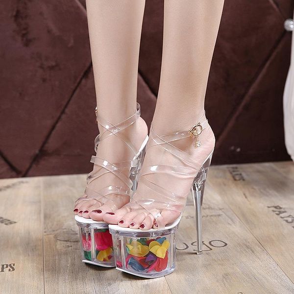 

dress shoes lady glitter crystal high heels waterproof platform transparent sandals wedding party nightclub 2021, Black