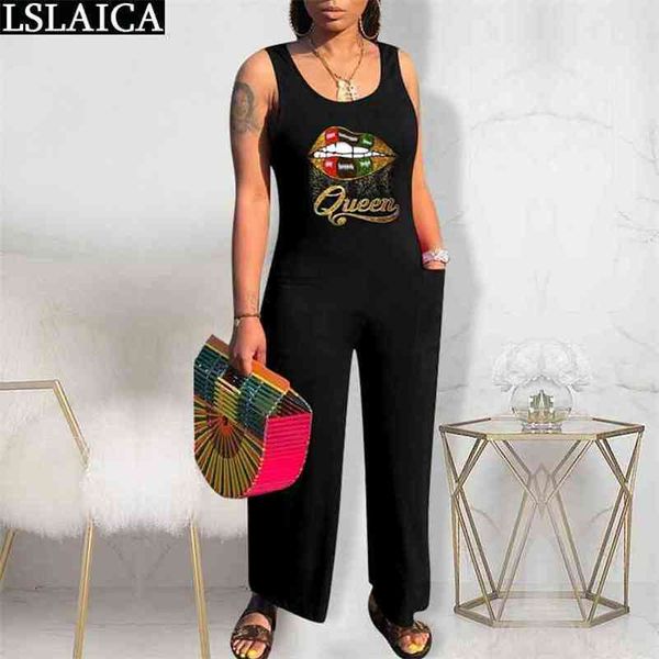 

jumpsuit sleeveless black causal big lips print fashion rompers womens pocket elegance streetwear homewear bodysuit 210515, Black;white