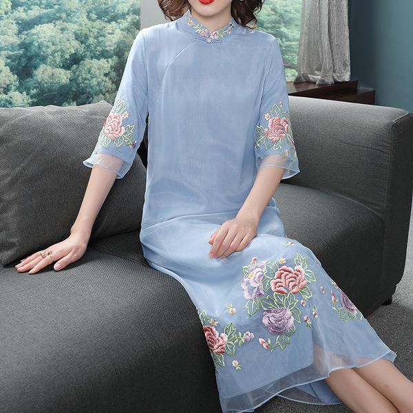

casual dresses dress brand chinese fall women luxurious embroidery midi party elegant white blue vestidos femmes 0vlq, Black;gray