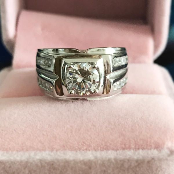 

cluster rings original solid 925 sterling silver for men luxury round 2 diamond engagement wedding jewelry size 7-12, Golden;silver