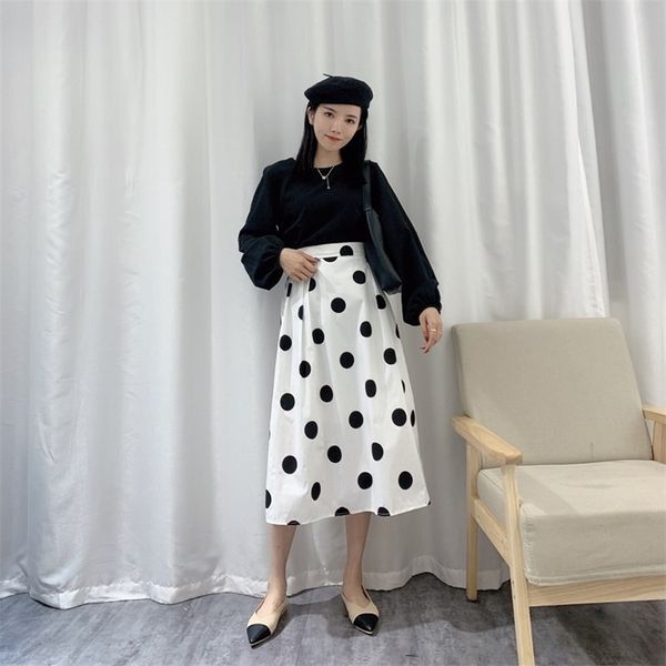 

summer arrival simple white polka dot casual elastic high waist slim loose cotton women a-line long skirt 210527, Black