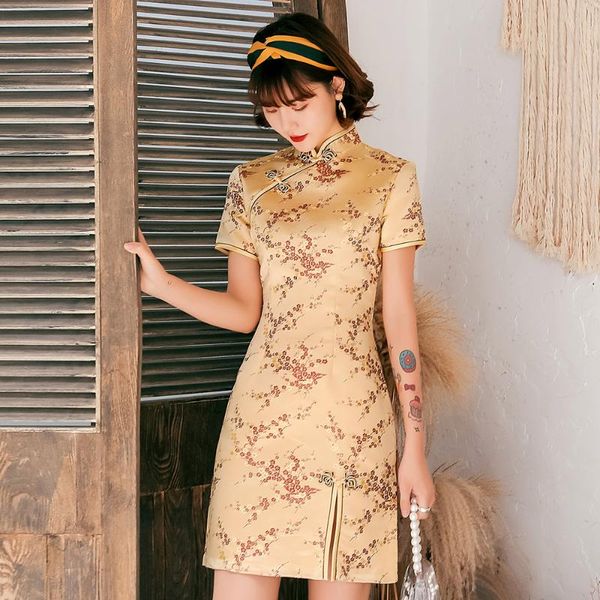 

ethnic clothing female qipao mandarin collar short cheongsam vestidso elegant chinese dress gold flower novelty satin evening party gown, Red