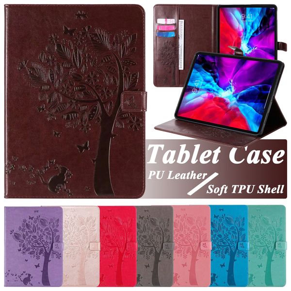 

pu leather tablet case for ipad 10.2 [8th/7th gen] mini 5/4 air 3/2/1 pro 11/10.5/9.7 inch, cat tree embossing shockproof flip kickstand cov