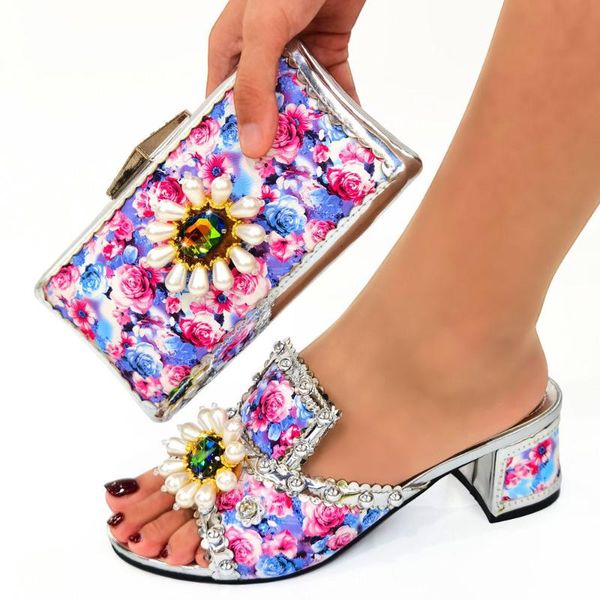 

dress shoes fashion silver flower prints style women match purse with rhinestone decorate african pumps and handbag set cr673,heel 5cm, Black