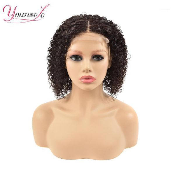 

malaysian short bob curly wig 4*4 lace front middle part pre plucked human hair glueless jerry wave remy younsolo hair1, Black;brown