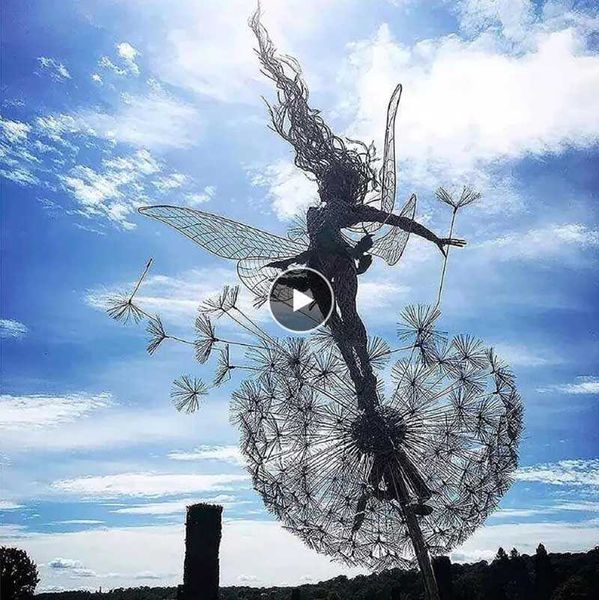 

garden decorative stake fairies and dandelions dance together metal garden yard art decor lawn landscape sculpture dropshipping q0811