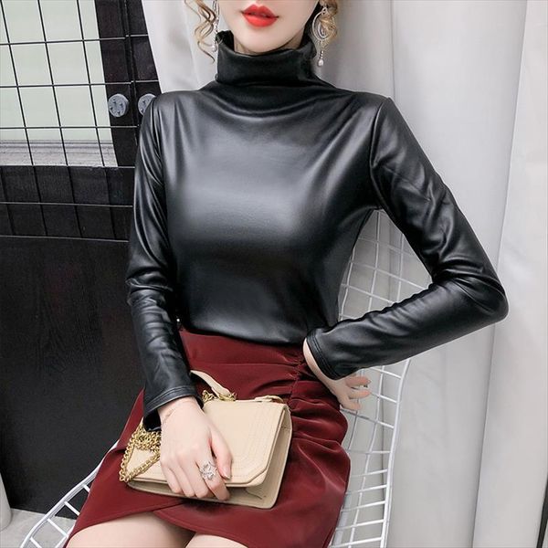

plus size fashion elegant women shirt turtleneck long sleeve leather velvet and blouses elastic pu blusas mujer, White