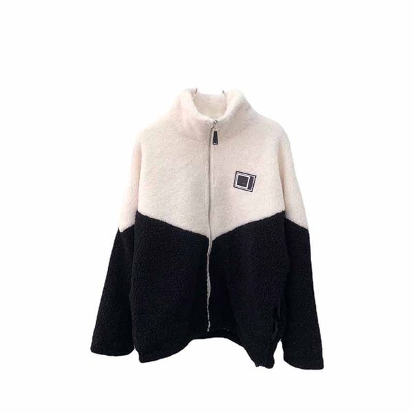 

winter womens fur coat embroidery with letters contrasting color turtleneck lambswool coat ins loose and comfortable zipper warm women tide, Black