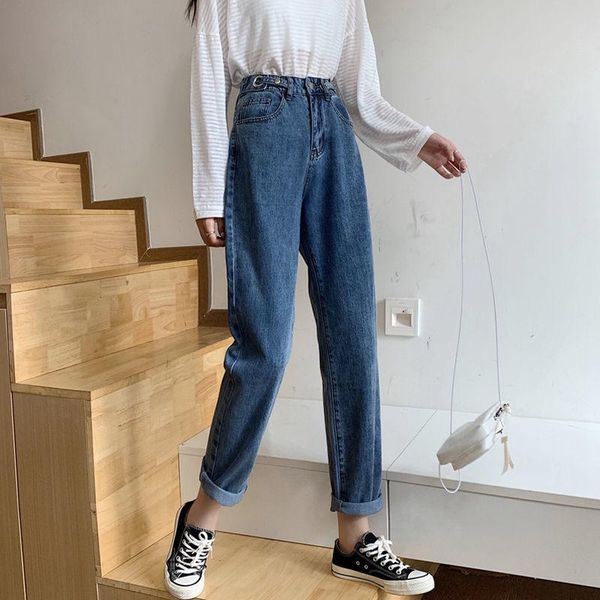 

women's spring autumn style straight pants casual button fiy zipper pocket high waist loose jeans kk0246, Blue