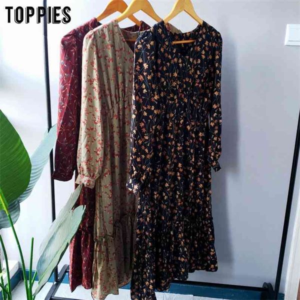 

womens long sleeve v-neck dress korean fashion midi dresses floral printing elegant vestidos mujer 210421, Black;gray