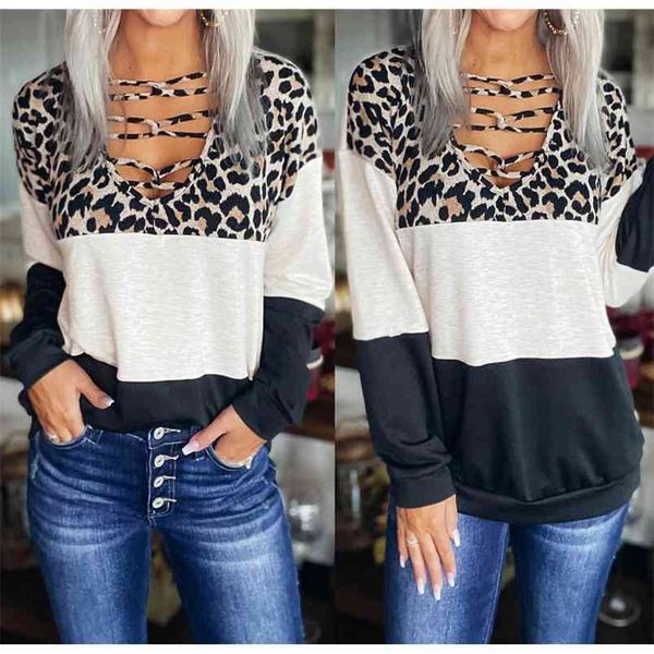 

fashion casual loose women t-shirts cross straps leopard color matching patchwork v-neck long sleeve spring autumn pullover 210522, White