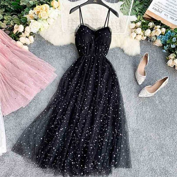

summer bling stars sequin dress women vintage v neck mesh es vestidos mujer ladies spaghetti strap party tulle 210525, Black;gray