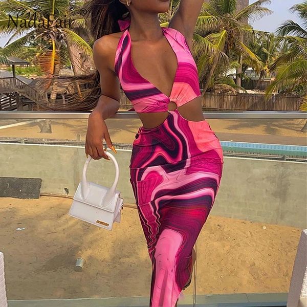 

european and american print hanging neck hollow back beach dress women, Black;gray