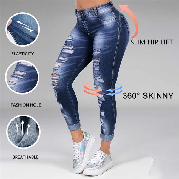 

2021washed ripped jeans women plus size s-5xl korean high waist trousers skinny denim jeans black blue hollow bleached pencil pants