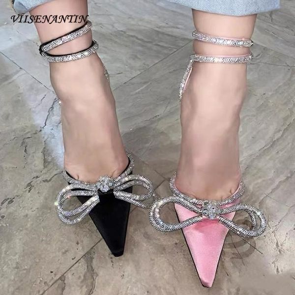 

rhinstone bowtie women satin sandal shoes pink black ankle strappy pointed toe fairy sapatos high heel female sandals