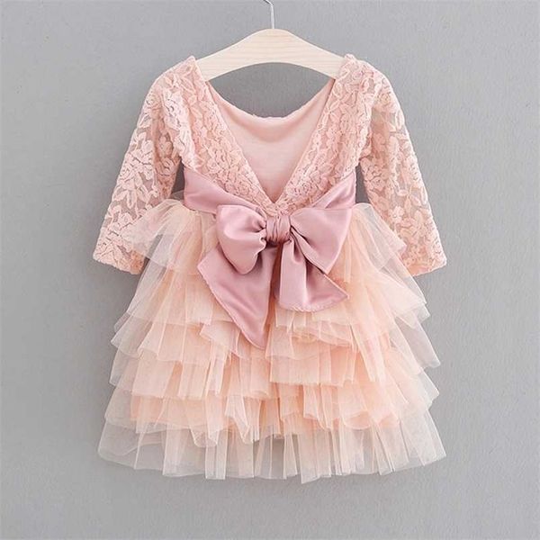 Lace Tulle Bolo Meninas Outono vestido de outono lace vestido de manga longa Princesa vestido vestido para meninas vestido de noite crianças roupas 211027