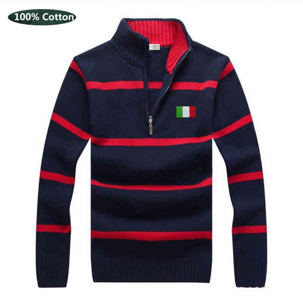 

men's autumn / winter 100% cotton lapel sweater brand zipper embroidered ltalian warm casual knitted striped et, Black