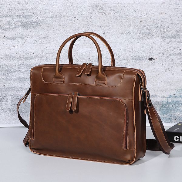 

men's crazy horse pu leather business briefcase messenger bags man retro satchels 14 inch laphandbag male shoulder bag