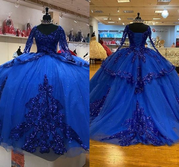 

2022 bling royal blue quinceanera dresses long sleeves sequined lace tulle beaded sweetheart ball gowns puffy sweet 16 prom dress, Blue;red