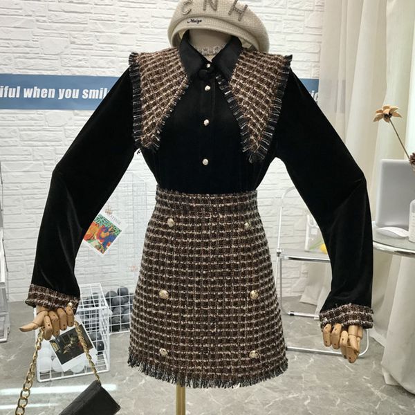 

skirt tweed fashion 2 piece women vintage long sleeve turn down collar velvet blouse shirt + high waist plaid suits set nl8n, Black