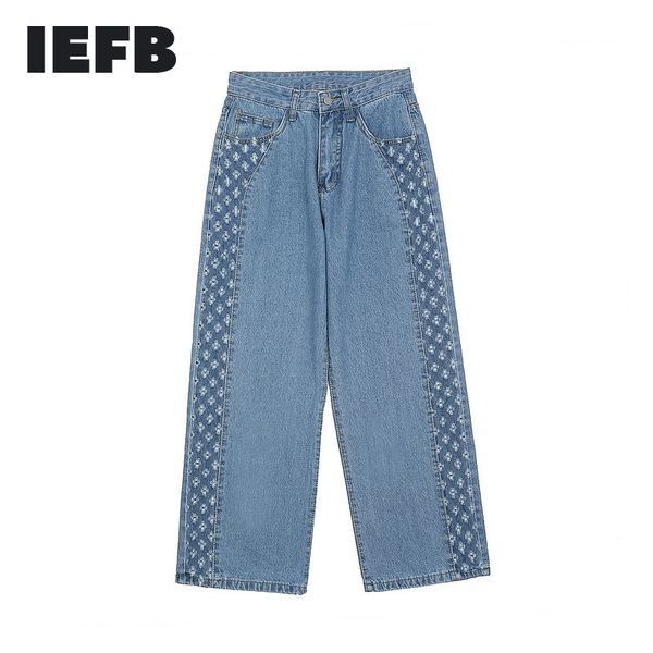 

iefb washable patchwork color contrast hole blue wide leg jeans men's spring high street straight denim pants casual 210524