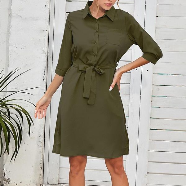 

casual dresses women's summer european and american fashion seven-point sleeve belt solid color dress, Black;gray