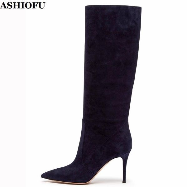 

boots ashiofu handmade elegant ladies high heel faux-suede party prom mid-calf winter evening club fashion shoes, Black