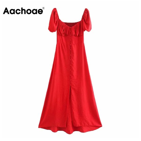 

aachoae long split red dress women puff short sleeve party dress v neck a line sweet midi dresses with buttons robe femme 210413, Black;gray