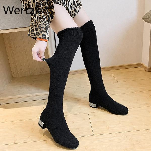 

boots 2 colors women's over the knee sock 2021 autum thick heel knitting pointed toe elasitc slim botas mujer, Black