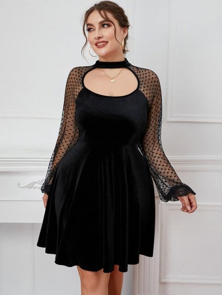 

plus heart mesh lantern sleeve choker neck velvet dress z4q5#, Black