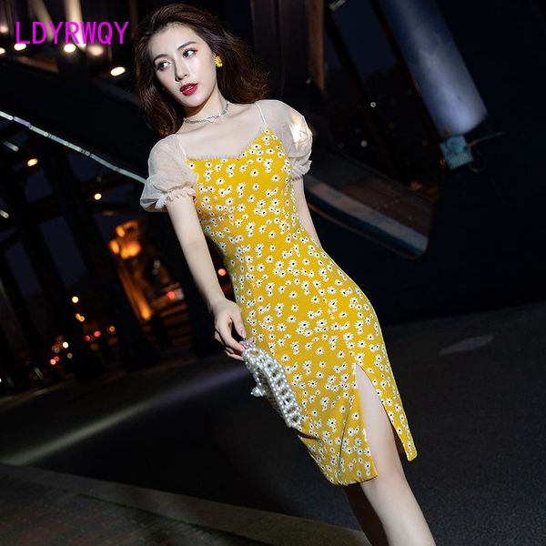 

casual dresses 2021 yellow chrysanthemum dress slit women's clothing office lady polyester knee-length zippers, Black;gray