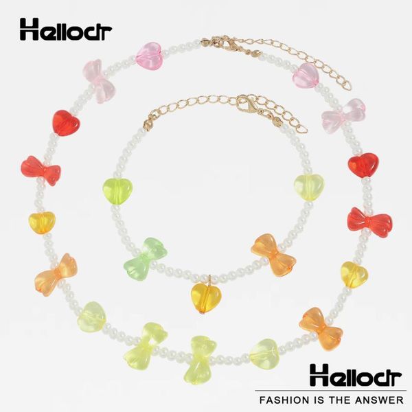 

chokers hellodr 2 pcs candy color bow heart handmade necklace for girls transparent acrylic beads strand chain charms fashion jewelry, Golden;silver